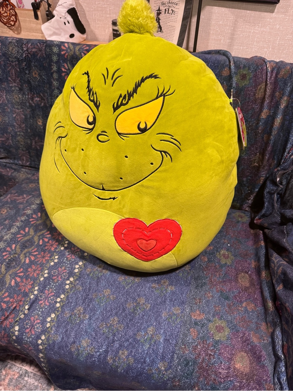 Squishmallows Green Grinch Plush Pillow with Red Heart